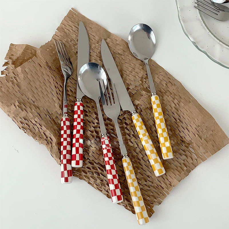 LadyCC Irregular Checkerboard Stainless Steel Knife Fork Spoon Western Tableware Set Steak Knife Spoon Fruit Fork