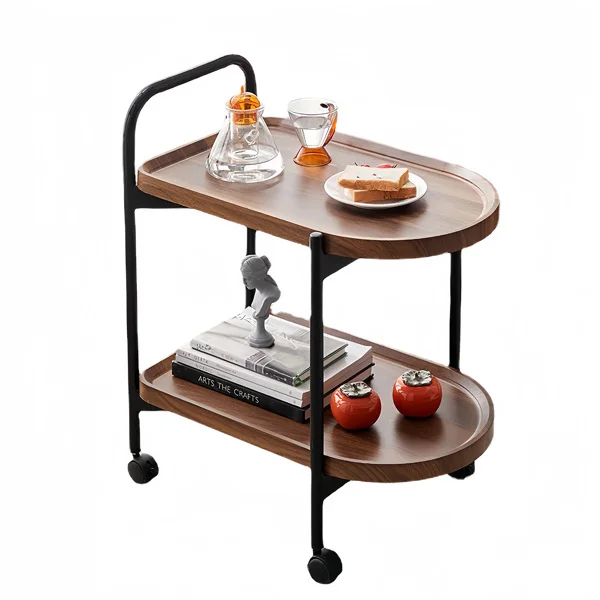 

2-Tier Side Table Bar Cart, Metal Frame Mobile Trolley Sofa Side Table with Wheels, Movable MDF Coffee Table for Office