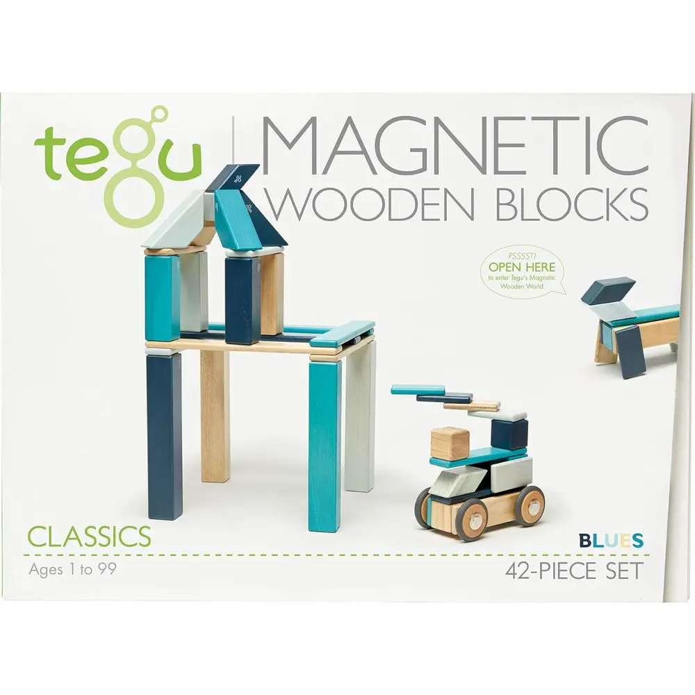 42-Piece Tegu Blue Magnetic Wooden Blocks for Ages 1-99