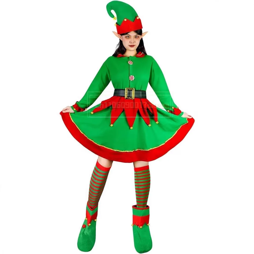 

Adults Lady Christmas Elf Costume Fit Hooded Velvet Dress Festival Party Family Matching Outfits New Year Cosplay Clothing Sets