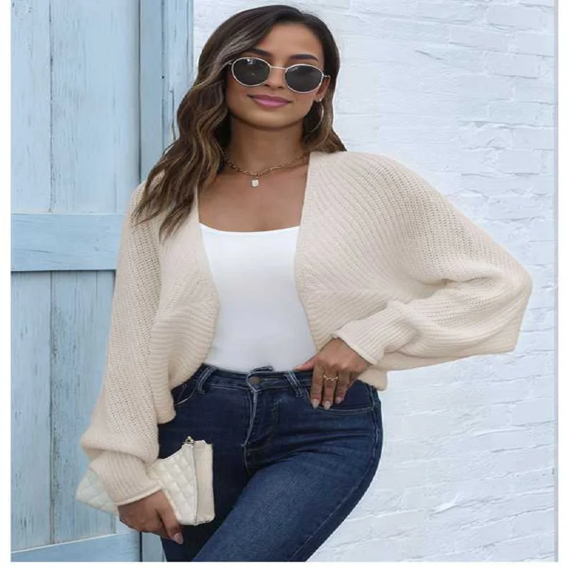 Truien voor dames, cropped vest met open voorkant, gebreide vleermuistruien met lange mouwen, schouderophalen
