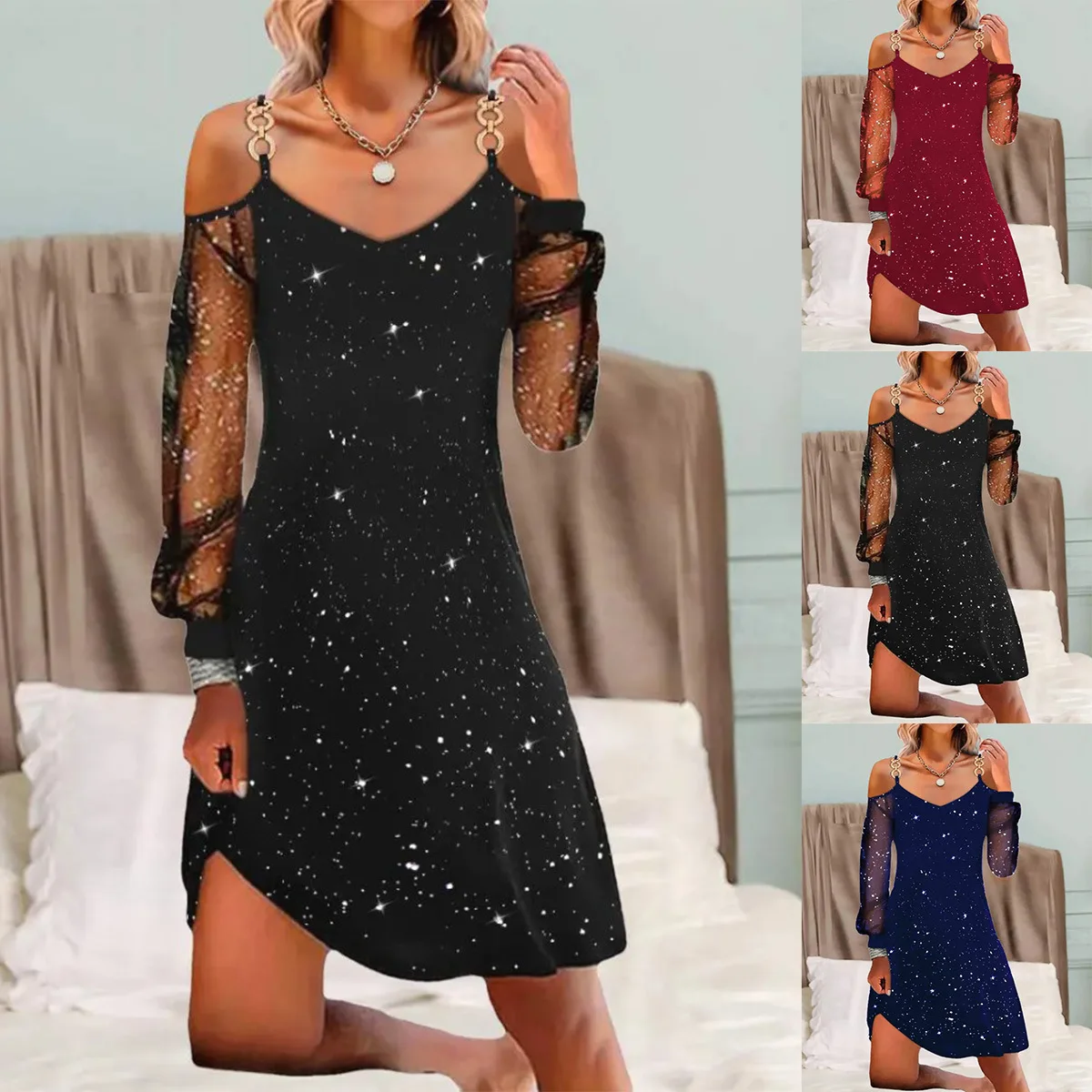 Robe élégante en maille Patchwork pour femmes, manches longues, mode bouton en métal, paillettes, Mini fête, Sexy, moulante, 2023