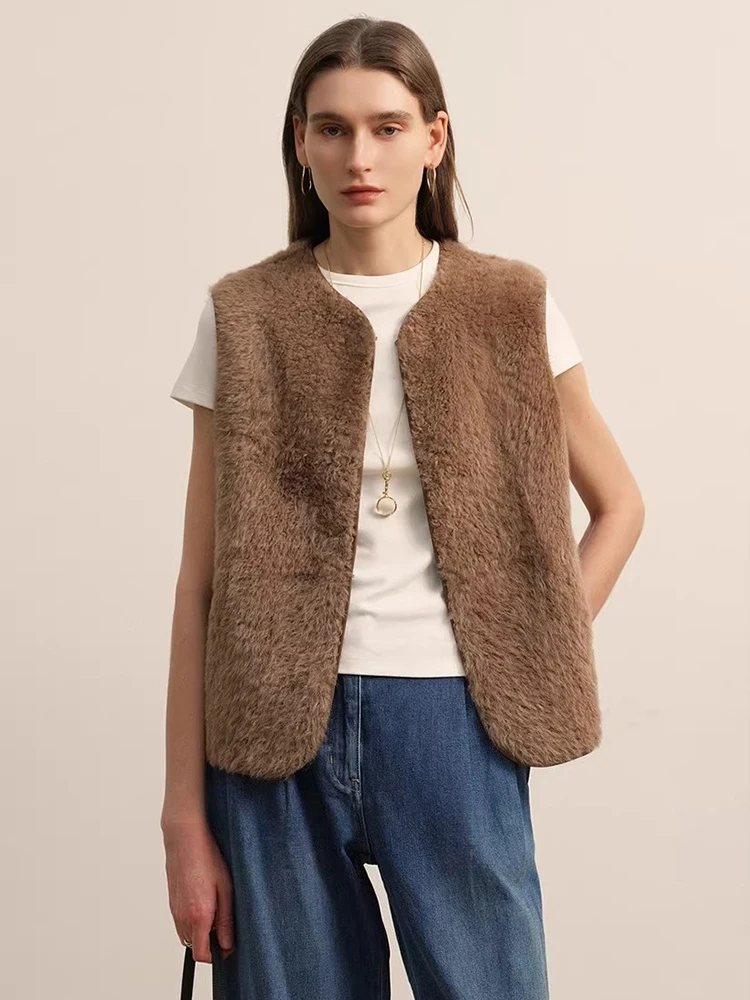 

High-end Luxury Lacon Lamb Fur Sleeveless Vest Jackets Women Autumn Winter Simple Short Genuine Leather Real Fur Shearling Coat