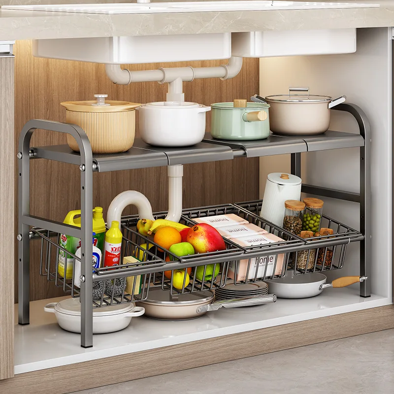 Retractable Under Sink Shelf Kitchen Adjustable Rack Dish Pans Snacks Cookware Storage Rack Countertop Cabinet Storage Basket