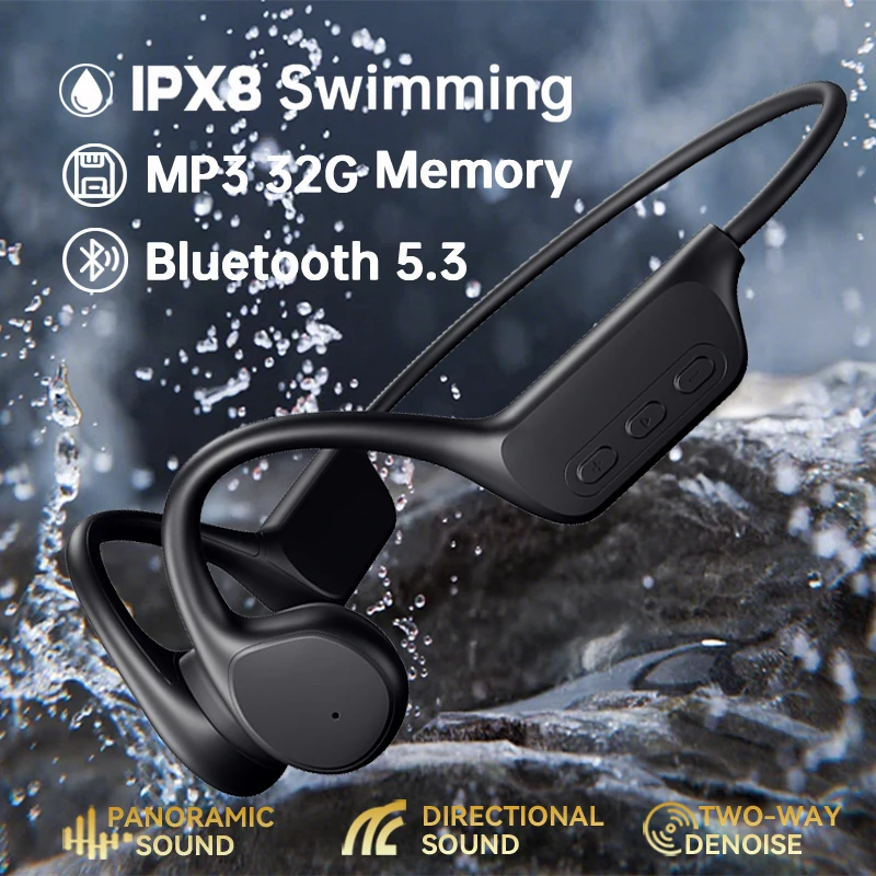 

New True Bone Conduction Wireless Sport Headphones Bluetooth 5.4 Earphones 32GB MP3 HiFi Stereo IPX8 Waterproof Swimming Headset