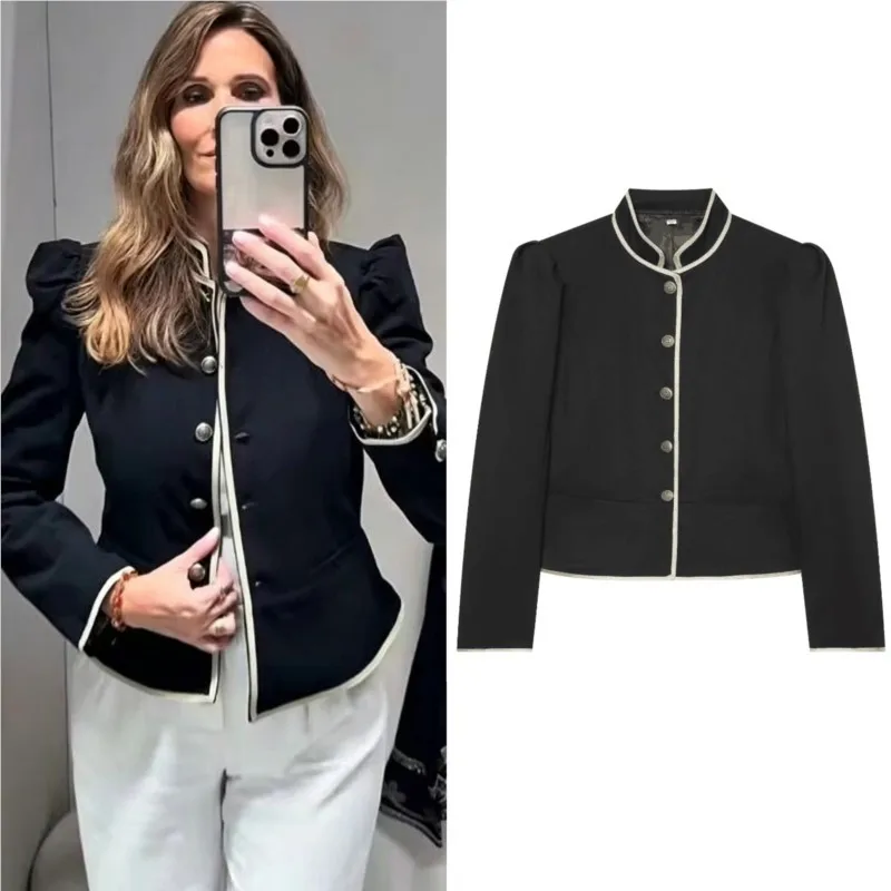Women's Contrastv Blazer Autumn New Fashion Elegant High Neck Long Sleeve Single Breasted Coat Casual Lady Commute Outerwear