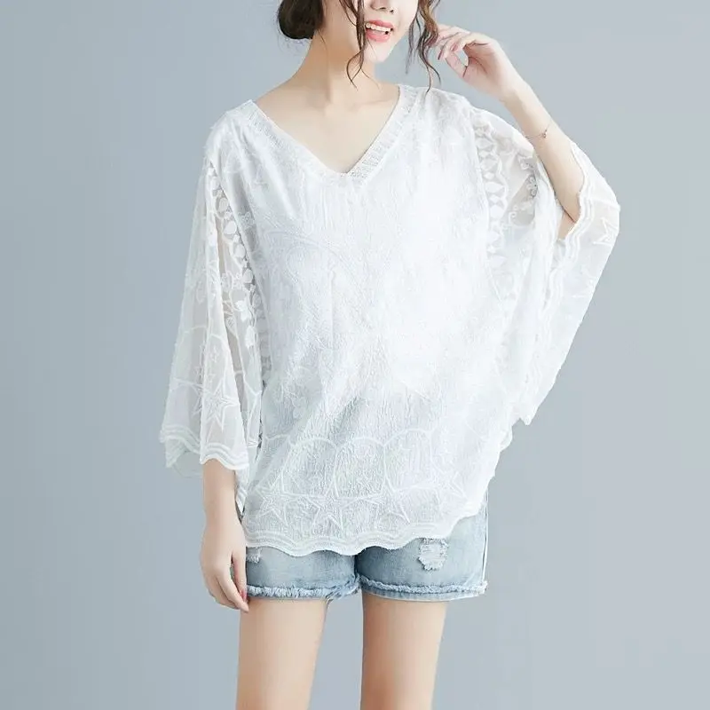 Fashion V-Neck Lace Embroidery Batwing Sleeve Blouses Women\'s Clothing 2024 Summer New Loose All-match Tops Office Lady Shirts