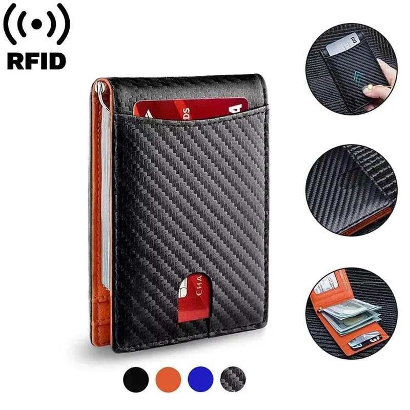 ANTI RFID Blocking Carbon Fiber Wallets Card Holder for Men Short Small Protected Magic Leather ID Credit Card Holder Case Purse