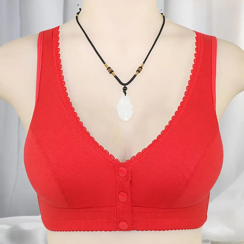 Women Bra Front Button Closure Soft Elastic Thin No Wire Bra Lace Soft Wide Shoulder Strap Breathable Mid-aged Women Mother Bra