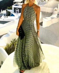 Summer Women Boho Polka Dot Print Chiffon Pleated Maxi Dress 2023 New Femme Sleeveless Maxi Boho Vacation Outfits Lady Clothing