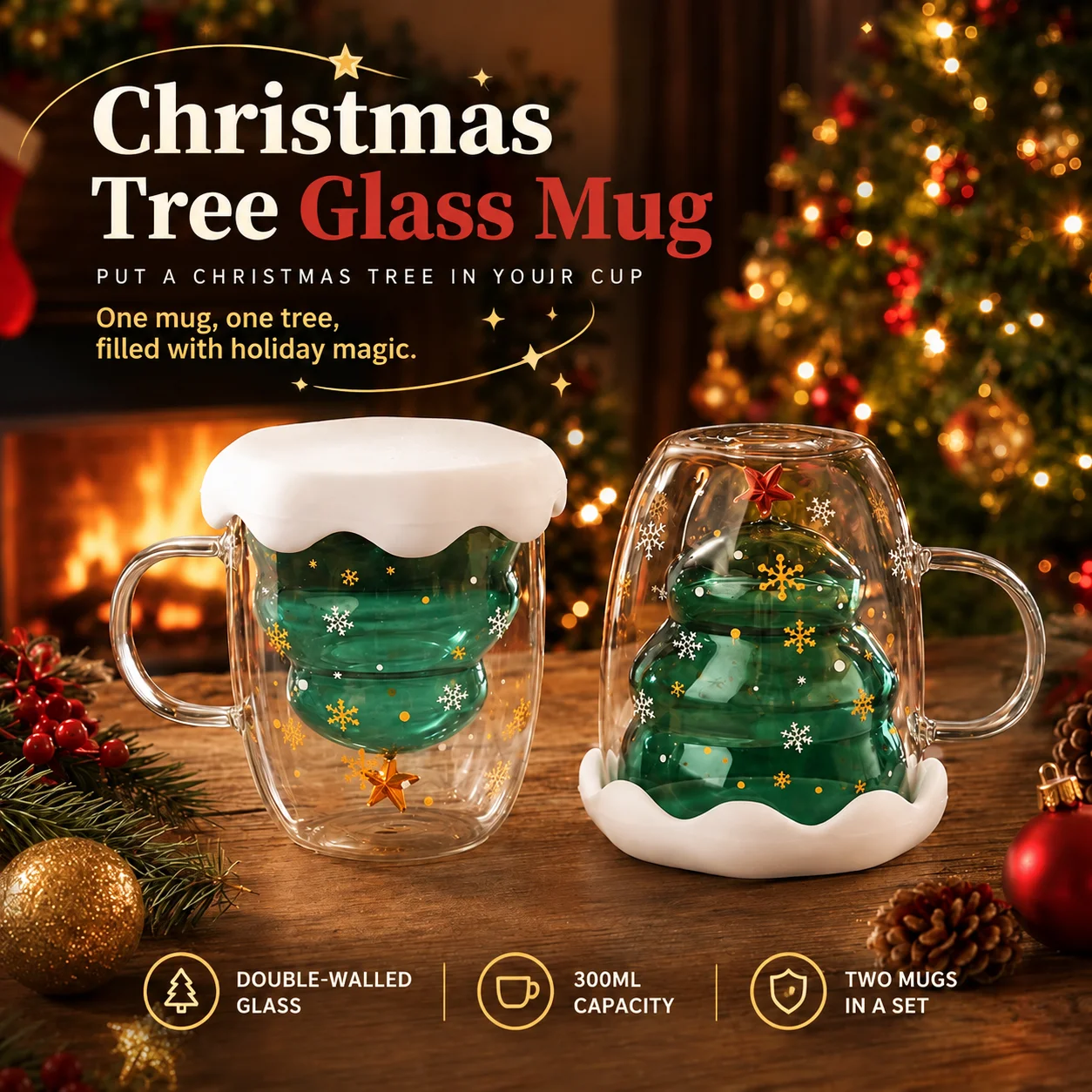 Christmas Glass Coffee Mug Tea Milk Cup with Lid and Handle Double Wall Insulated Glasses Espresso Cup Christmas Tree Coffee Mug