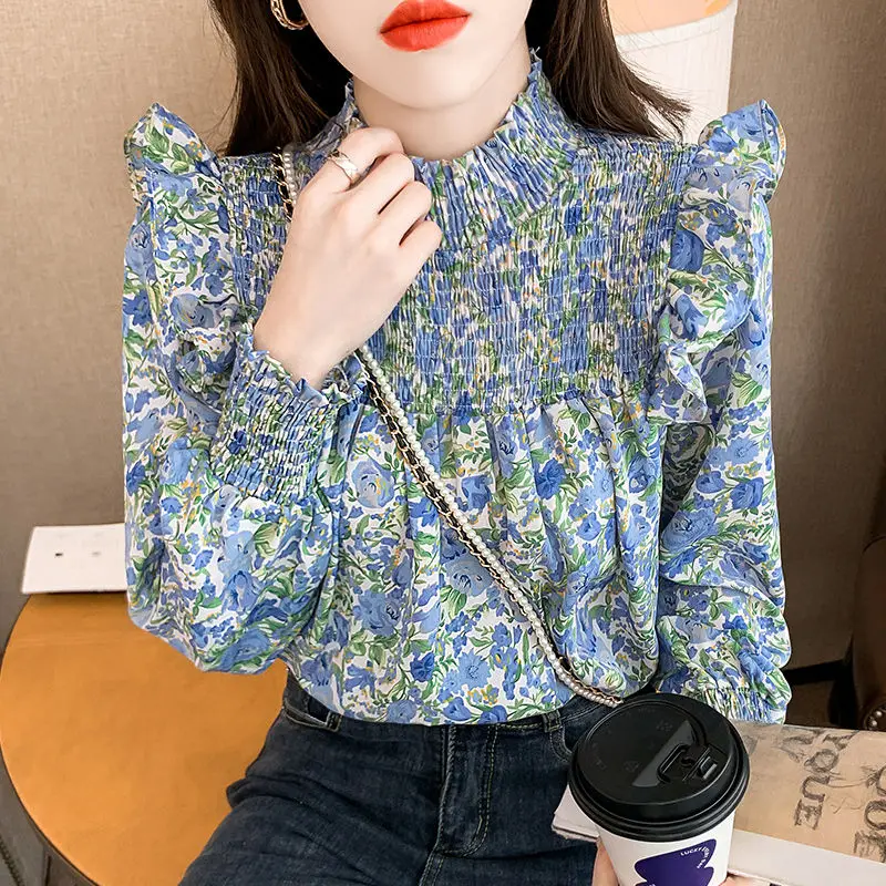 Elegant Fashion Harajuku Slim Fit Blouse Stand Collar Patchwork Printed Long Sleeve Tops Women Casual All Match Female Clothes