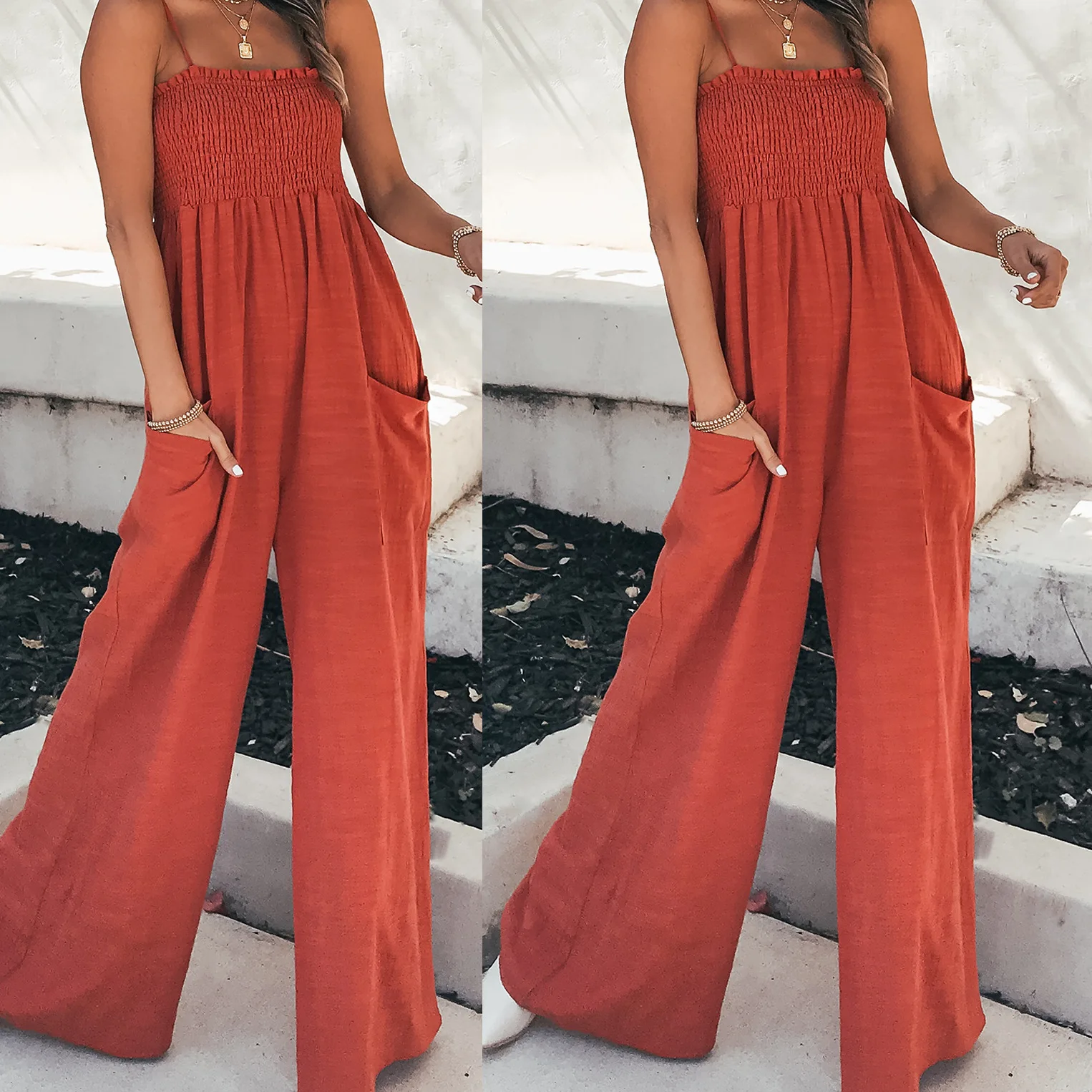 Women Spring Summer Jumpsuit Solid Color Sleeveless Wide Leg Pants High Waist Casual Fashion Sexy Comfortable Regular Standard