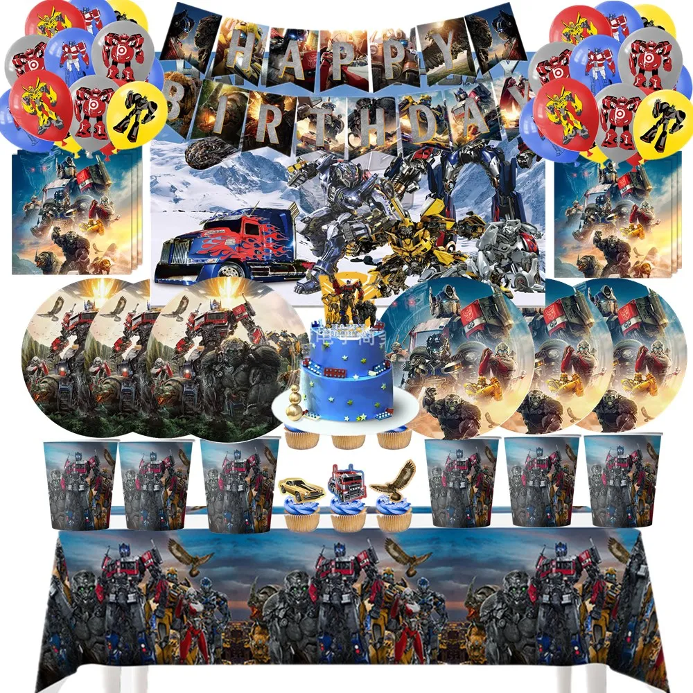 Anime Autobots Birthday Party Decoration Plates Tablecloth Shape Shifting Robot Balloon Backdrop Baby Shower Kids Party Supplies