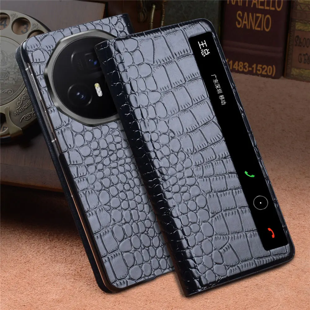 Genuine Cowhide Leather Magnetic Flip Case for Honor Magic V5 Crocodile Lattice Pattern Business Smart Window View Full Cover