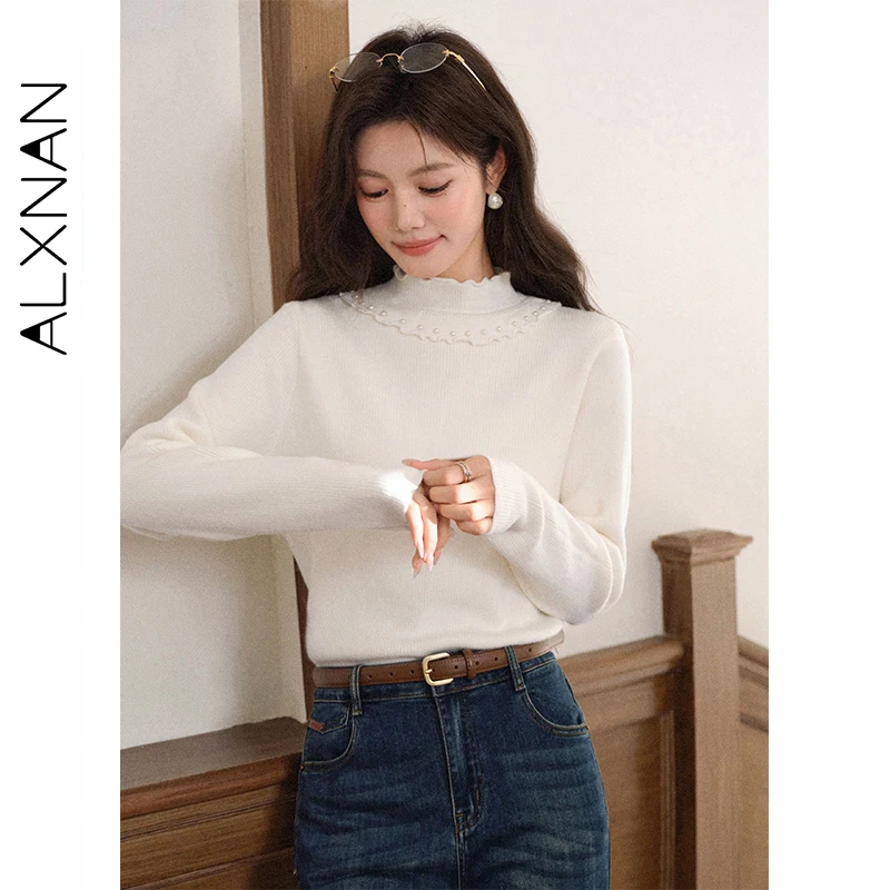 

ALXNAN Beige Pullovers Pearl Ruffle Trimmed Patchwork Mock Neck Women's Knitted Sweaters Autumn Fashion Long-sleeve Tops L58911