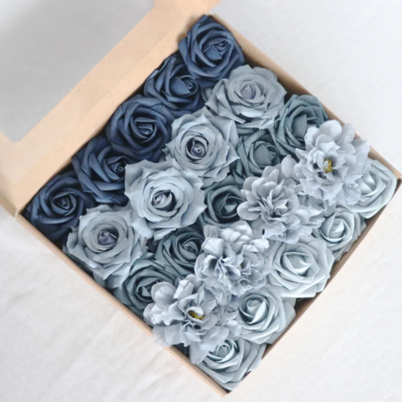 

Haze Blue Artificial Rose Flowers Box Bride Bouquet Flower for Wedding Party Birthday Decor DIY Flower Valentine's Day Present