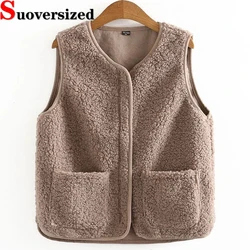 M-2xl Faux Lamb Wool Vest Autumn Winter Thick Zipper Waistcoat V Neck Women Sleeveless Jackets Casual Teddy Solid Color Chaleco