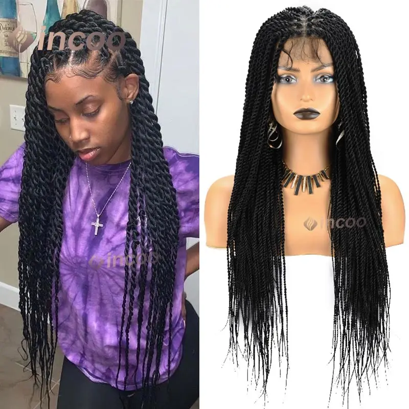 Wig kepang renda penuh sintetis Wig depan renda kepang Twist Senegal untuk wanita hitam Wig kepang gairah kotak