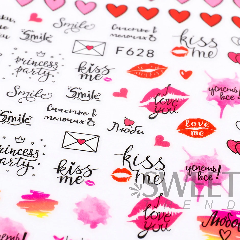 3D Valentines Lover Stickers For Manicure Cute Cartoon Romantic Letter Black Simple Line Girl Heart DIY Decoration Decals LYF106