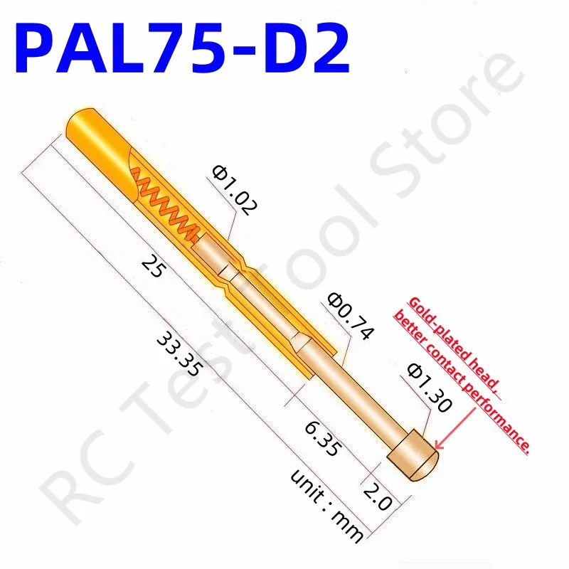 100PCS PAL75-D2 Spring Test Probe PAL75-D Test Pin Test Tool 33.35mm Dia1.02mm Gold Needle Tip Dia 1.3mm Pogo Pin PL75-D PL75-D2