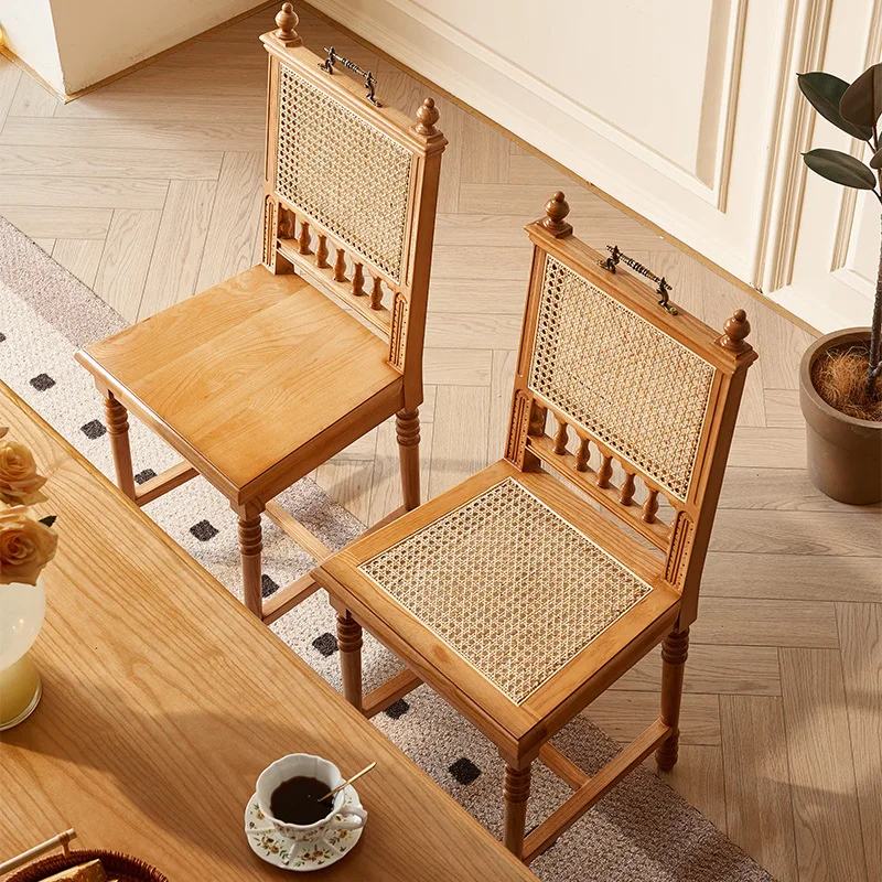 AOLIVIYA Medieval Solid Wood Rattan Restaurant Dining Chair Bar Coffee Shop Hotel Backrest Chair Retro Apartment Bedroom Stool