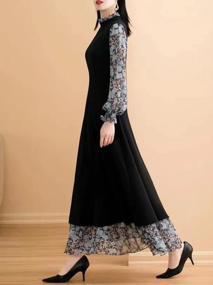 Vintage vestidos de manga longa moda feminina versátil projetado floral famoso senhoras roupas projetado temperamento suave estética ins