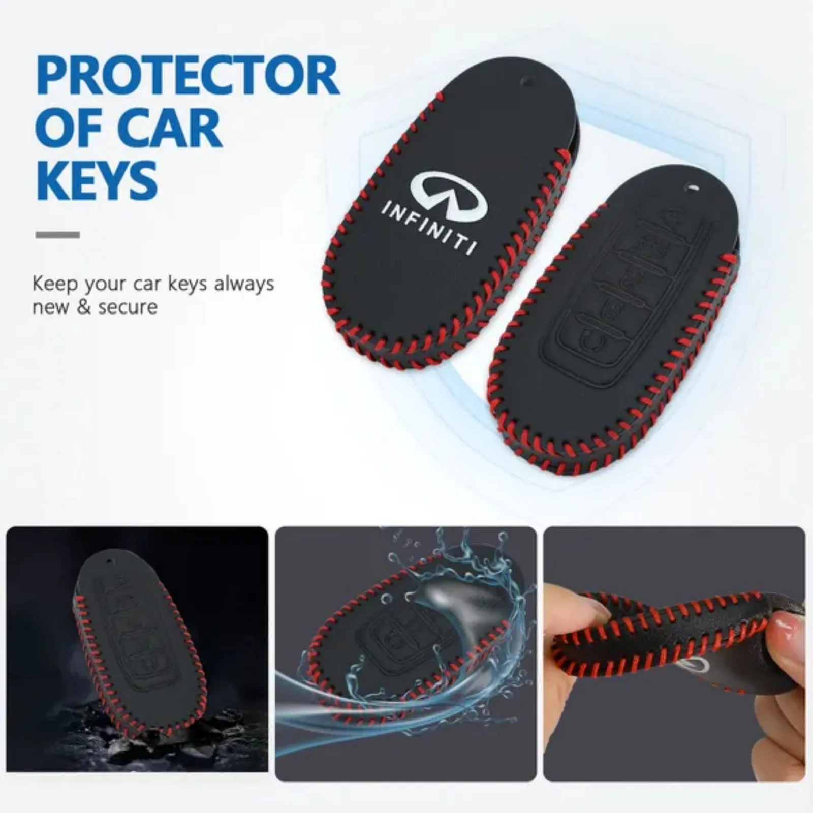 Leather Key Fob Case Cover for Infiniti with Key Chain, Key Holder Replacement Keychain for Infinity EX25 FX35 FX37 X50 G25 G35 G37 Q40 Q50 Q60 Q70 QX50 QX56 QX70 (5 Button) view 7