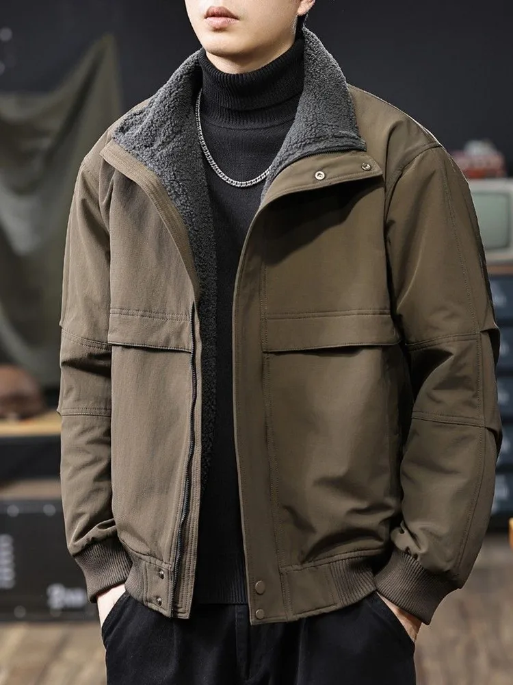 Winter Fashionable Solid Color Thick Warm Cotton Coat with Velvet for Men's Casual Loose Retro Sports High end Large Size Coat
