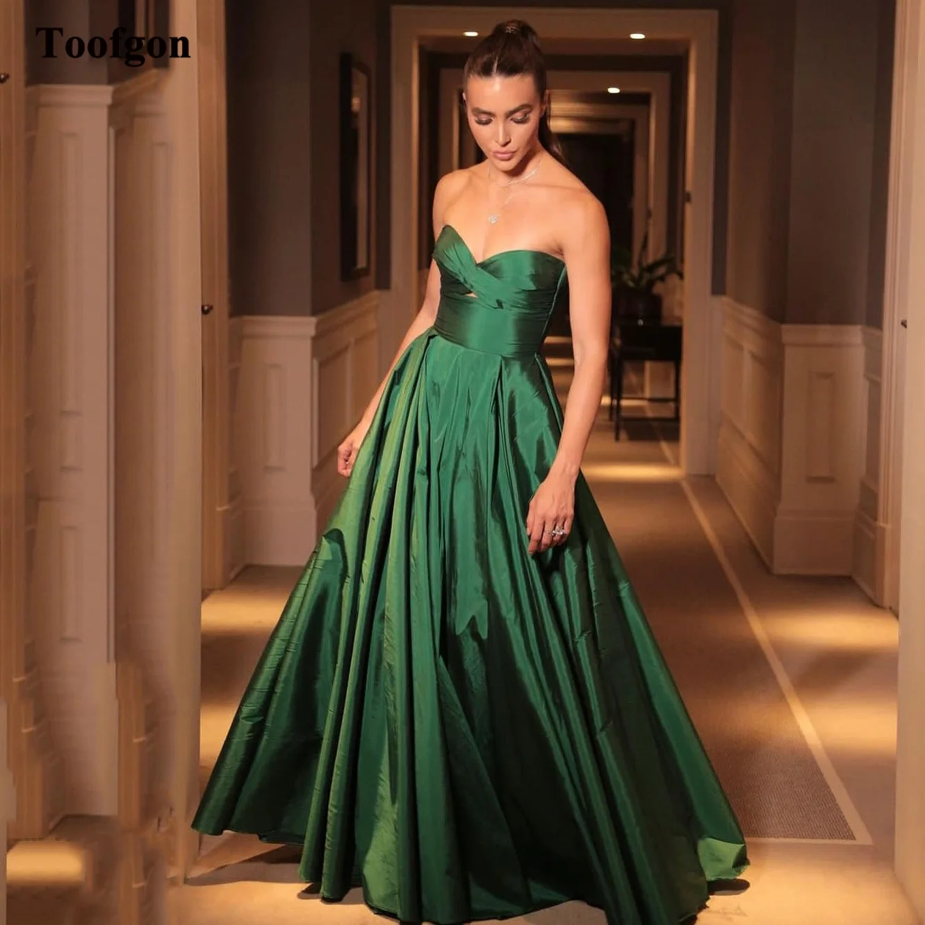 

Toofgon Green Taffeta Long Prom Dresses Sweetheart A Line Floor Length Formal Party Dress Evening Gowns Women Birthday Gowns