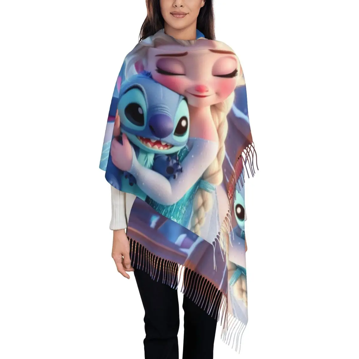 

Custom Princess And Stitch Tassel Scarf Women Soft Shawls Wraps Lady Winter Scarves