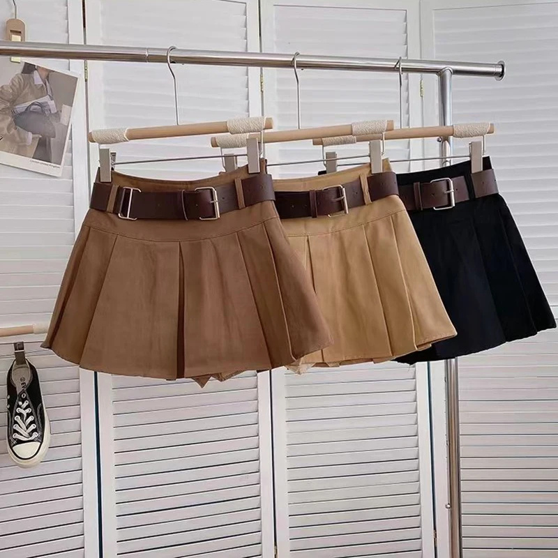 Solid Belt Mini Skirt Women Streetwear High Waist Black Pleated Skirts Preppy Korean Fashion Casual All Match A Line Skirt New