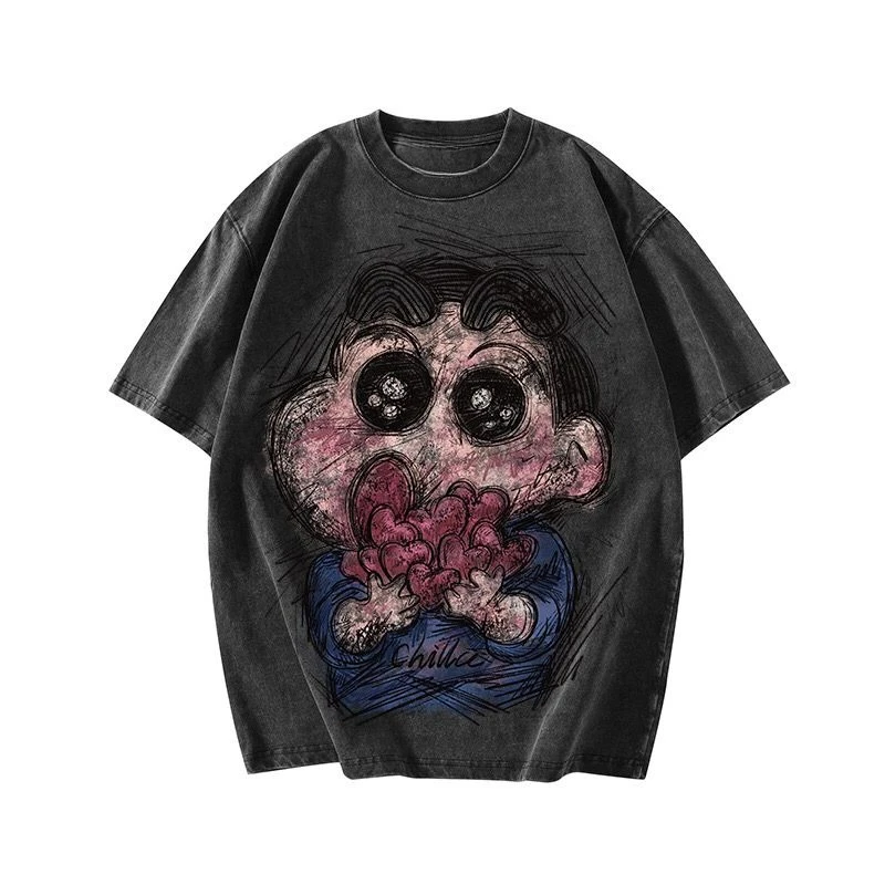 Sketch Style Crayon Shinchan Drinking Juice Print T-Shirt Loose Fit Cotton Tee Cool Japanese Anime Casual Daily Wear Top