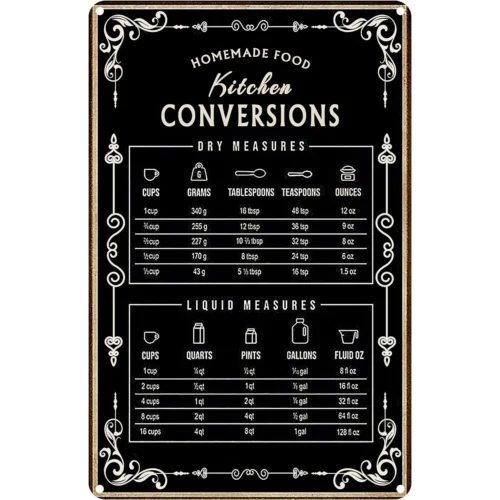 Kitchen Conversion Chart Metal Baking Signs Wall Decor Vintage Chic Metal Poster