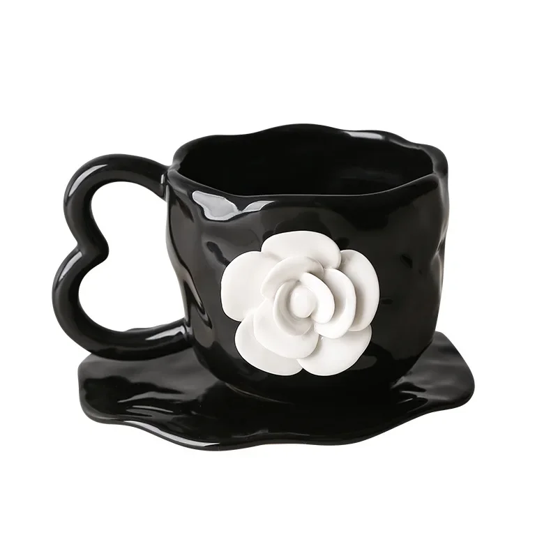 

Hand-squeezed flower coffee cup saucer ceramic three-dimensional relief creative mug flower cup high value camellia