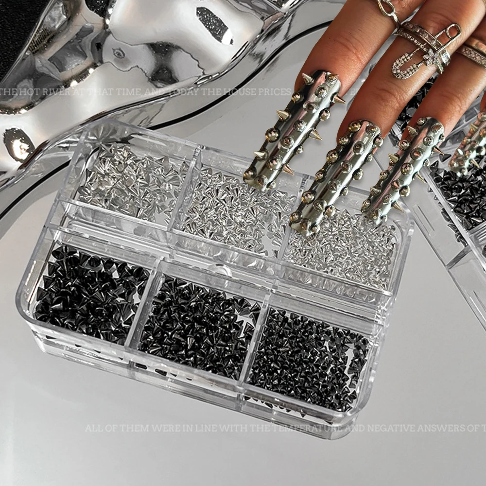 6 rejillas 3D Mini Punk tachuelas de Metal para uñas 1/2/3mm tamaño mixto plata negro dijes para decoración de uñas remaches de aleación palo cono DIY artesanía decoración