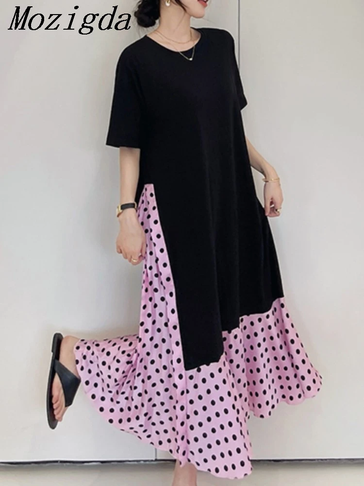 

Summer Long Dress Korean Edition Loose Round Neck Short Sleeve Spliced Irregular Wave Dot Hem Large T-shirt Ladies Dresses