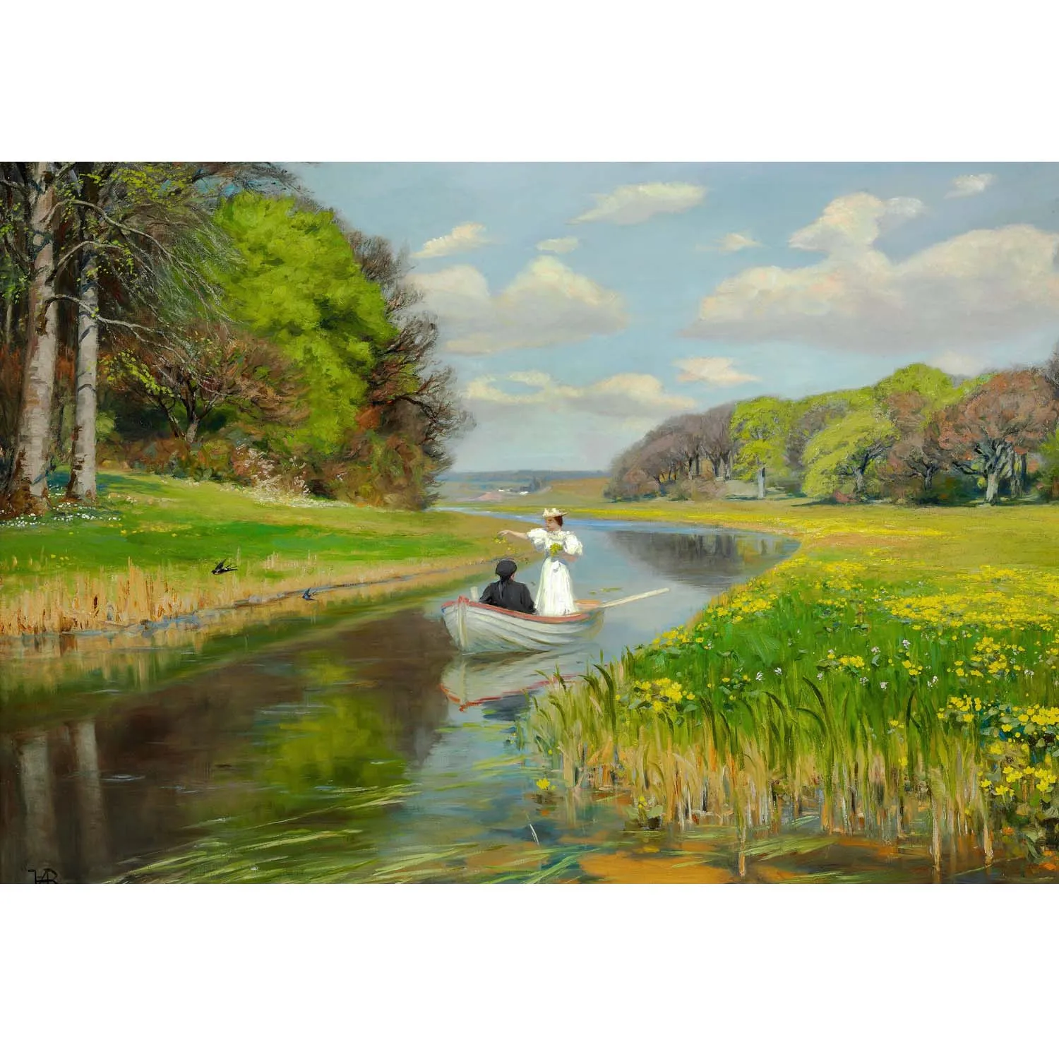 Hans Andersen Brendekilde paintings,Spring.A young couple in a rowing boat on Odense,Handmade landscape oil painting,Wall decor