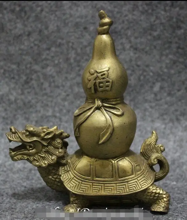 Chinese Brass Collect Fu Gourd On Longevity Shou Dragon Turtle Tortoise Statue