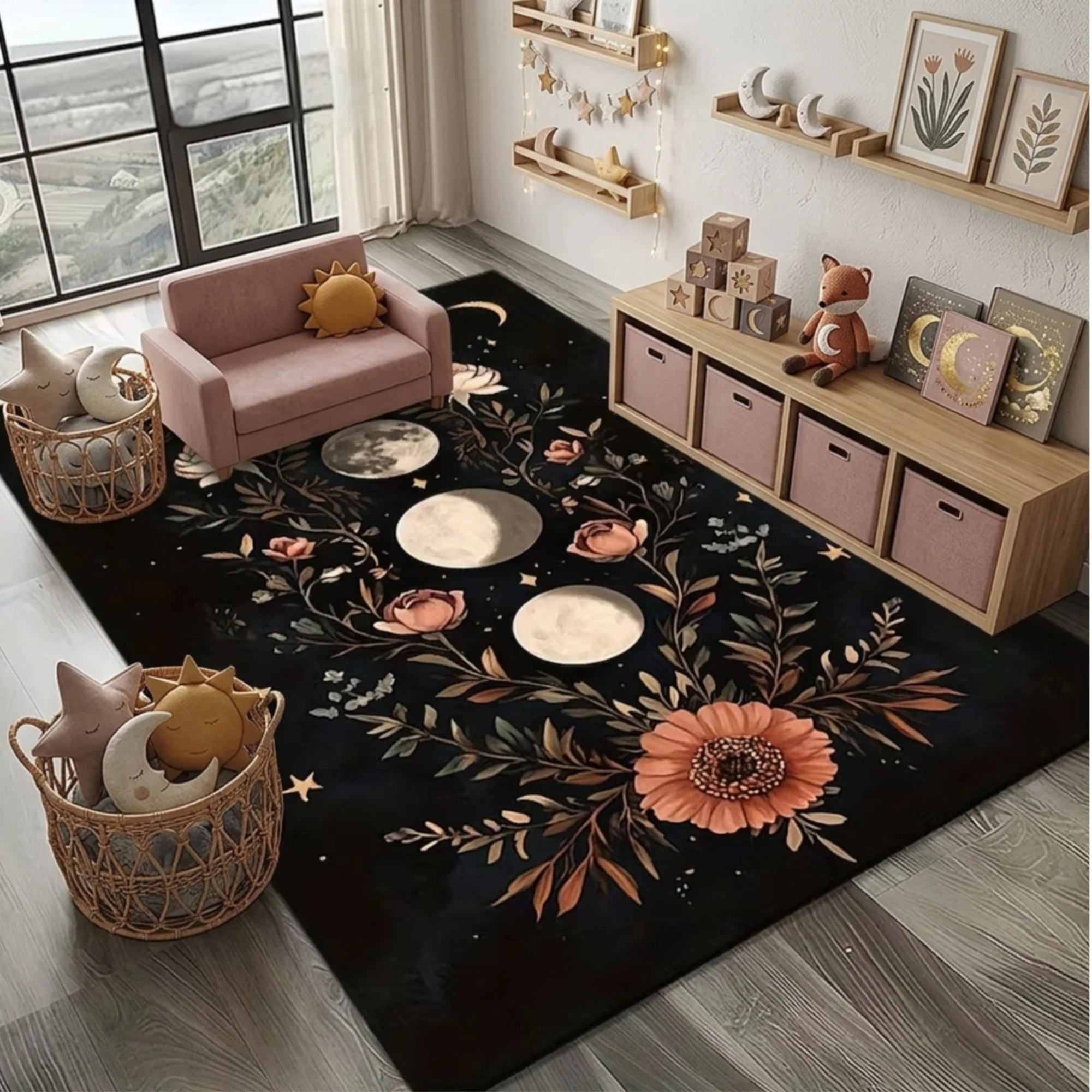Non‑Slip Rug with Moon‑Phase Floral Black Background Pattern, Decor Mat for Living Room, Bedroom, Entryway, Hallway