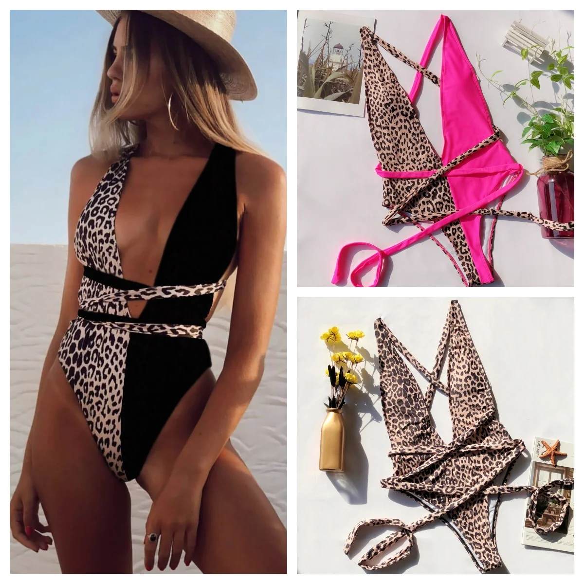 Sexy Women Push Up Bikini Swimsuit New Brazilian Beach Bathing Leopard Print Hollowed-Out Strap One-Piece Swimsuit