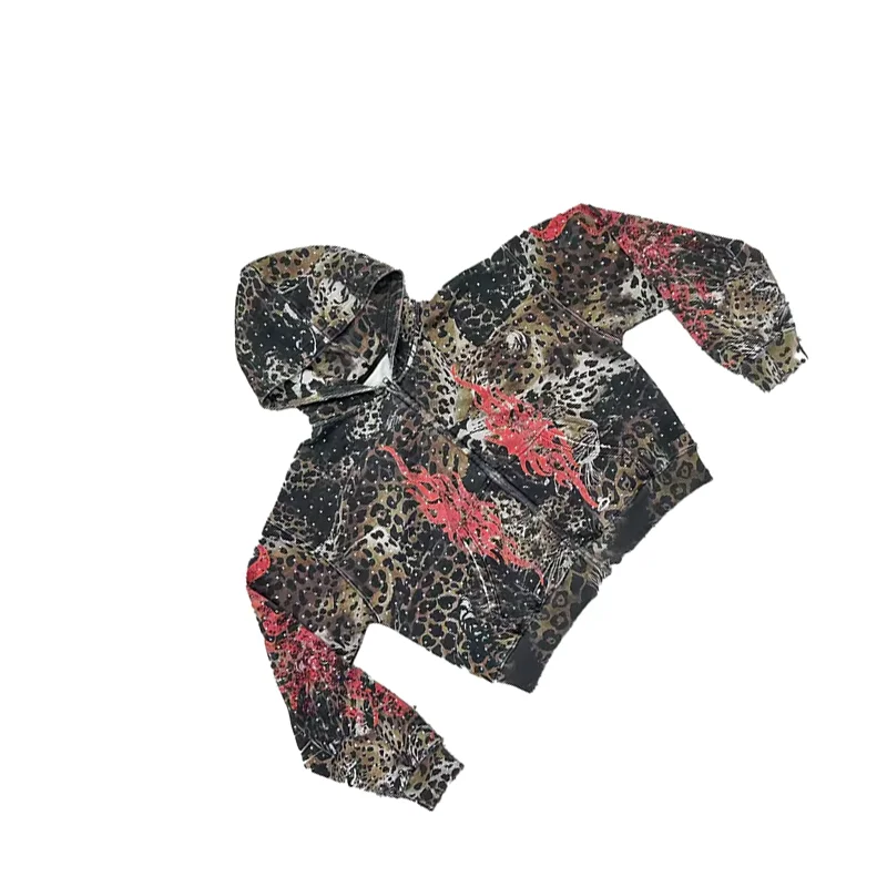 Y2K Vintage Distressed Hoodie Leopard Camouflage Red Flame Graphic Oversized Zip Up Hoodie Men Women Fashion Loose Streetwear