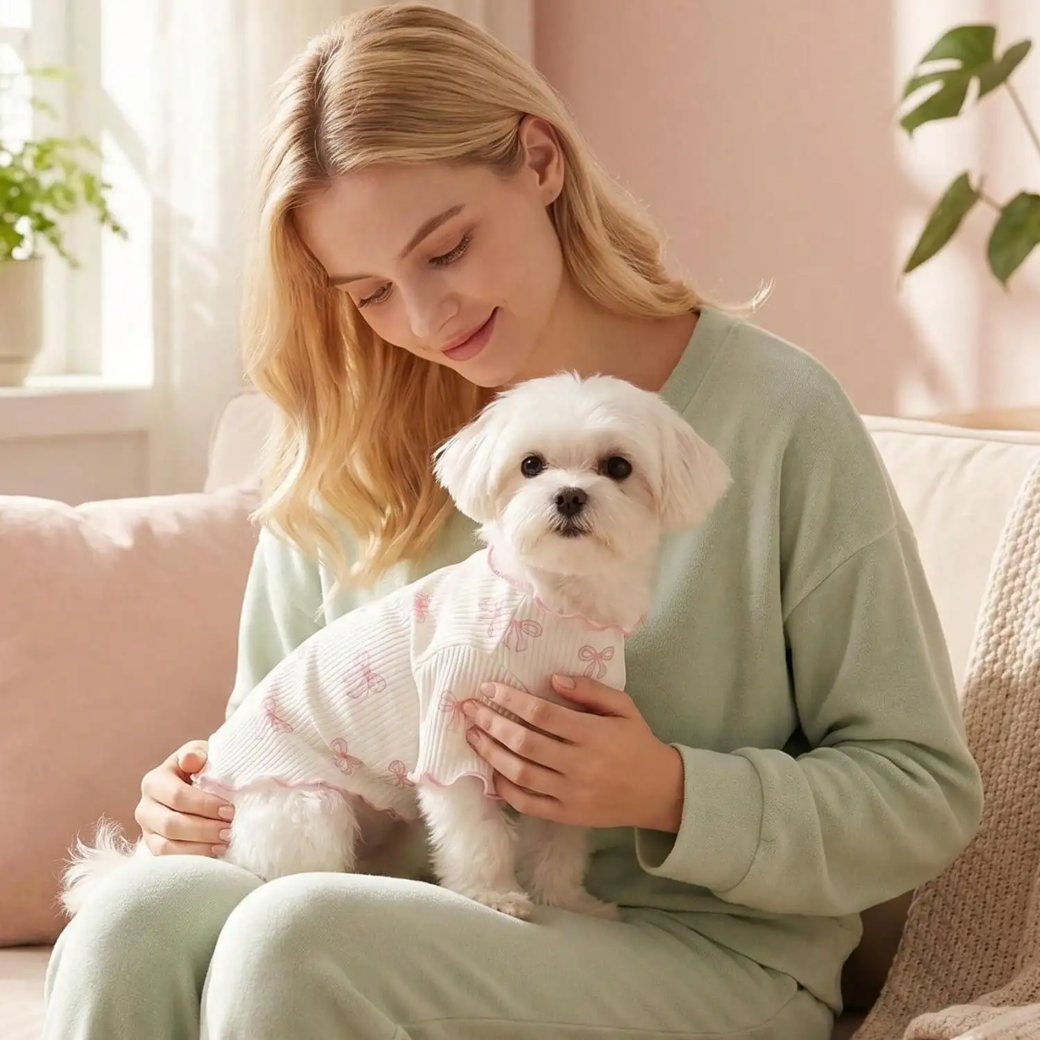 Geripptes Haustier-T-Shirt mit Herz- und Schleifendruck und Rüschenbesatz für kleine Hunde und Katzen – Detail 9