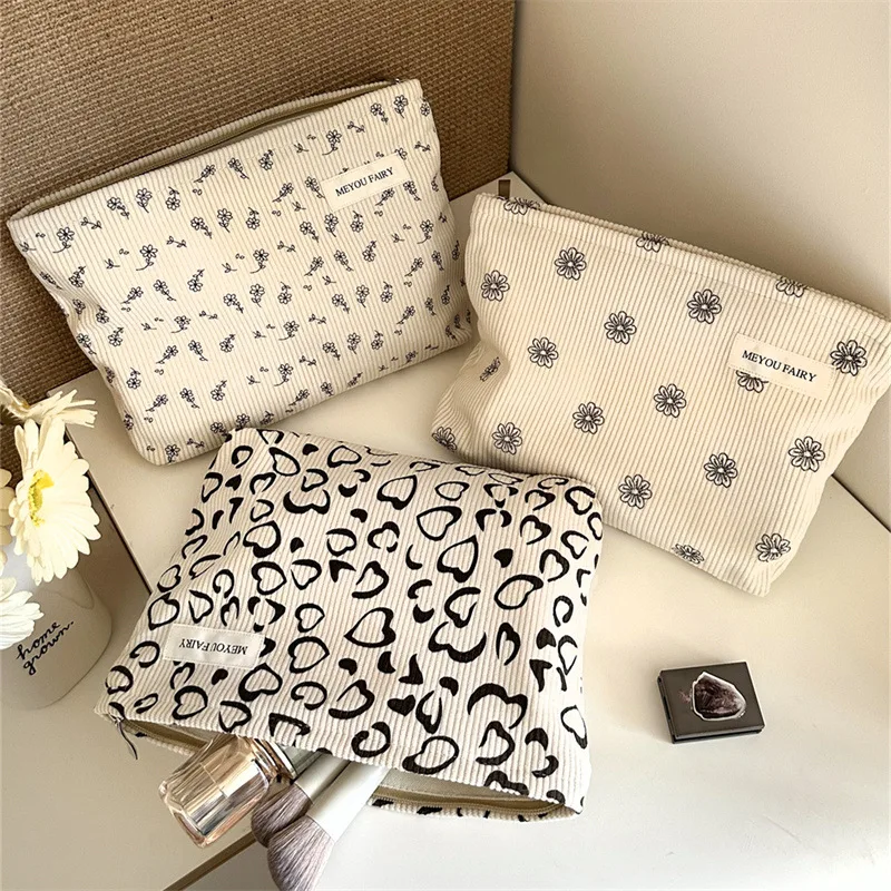 Soft Vertical Striped Corduroy Makeup Pouch Sweet Floral Heart Print Large Capacity Portable Daily Travel Cosmetic Storage Bag
