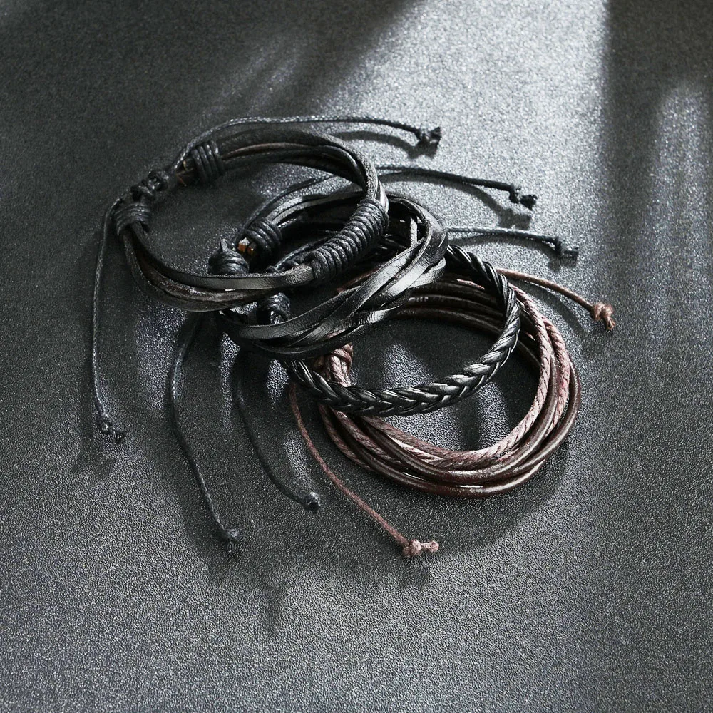 Retro 4Pcs/ Set Braided Wrap Leather Bracelets for Men Vintage Black Rudder Charm Wood Beads Ethnic Tribal Male Wristbands
