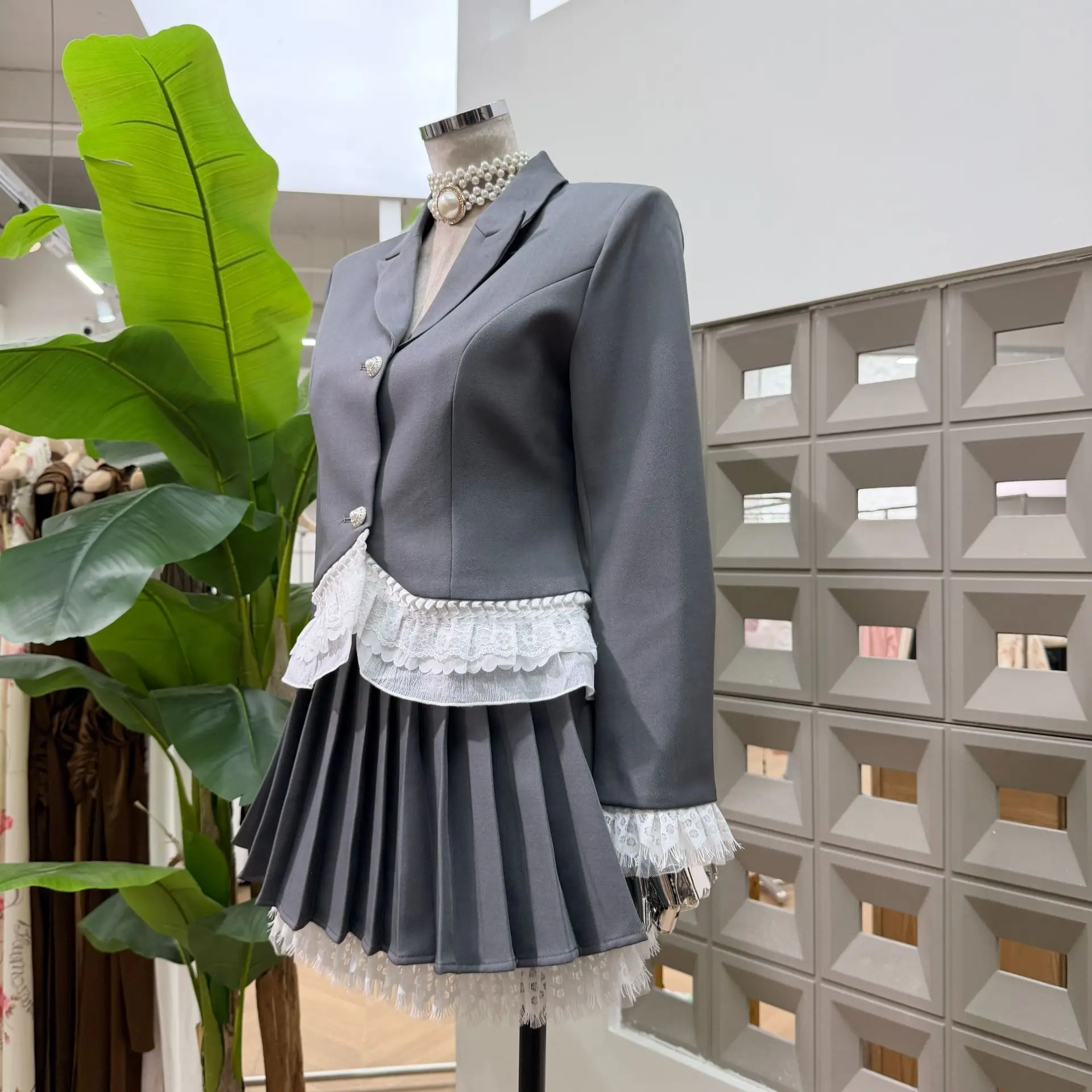 UMI MAO Trendy Lace Ruffle Collar Gray Blazer + Skirt That Accentuates The Figure  New Sweet  Cool Style Femme