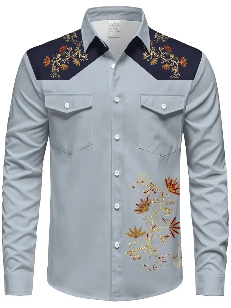 Retro style men's long sleeved floral shirt Western style shirt Outdoor street casual daily lapel long sleeved shirt