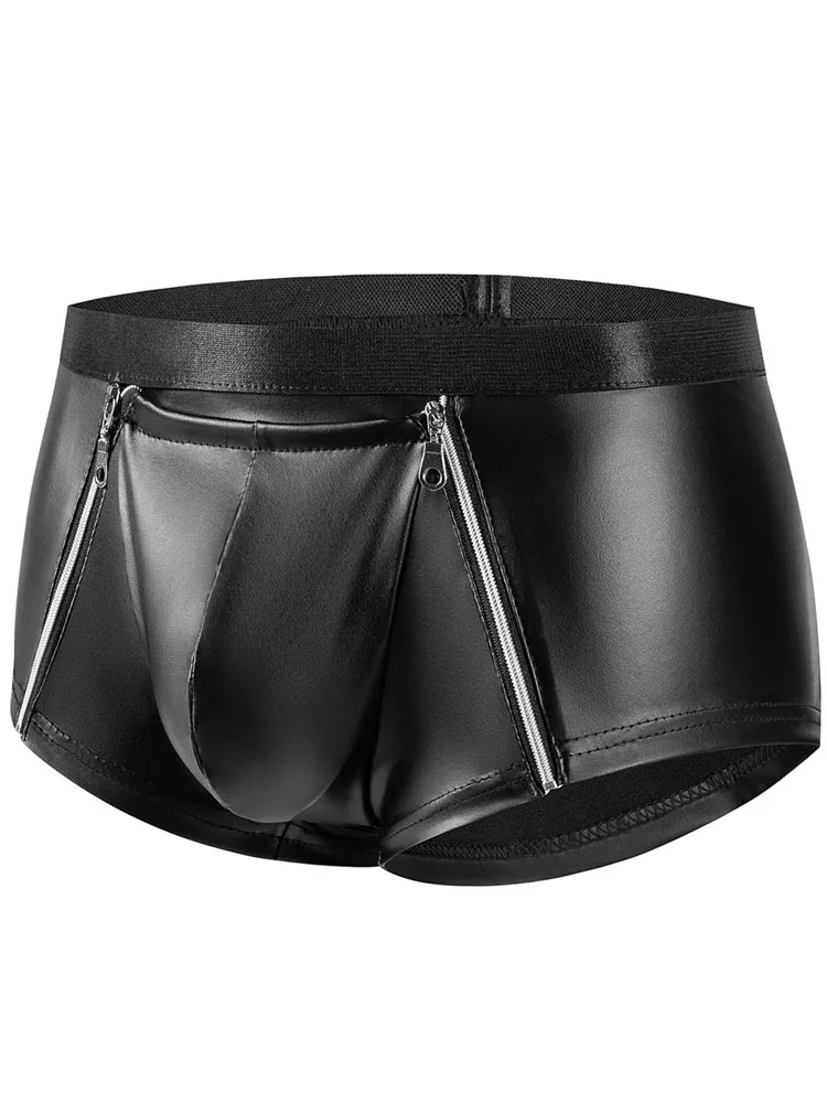 S-5XL Faux PU Leather Boxer Shorts Two Zipper Open Convex Pouch Boxershorts Sexy Trunks Tights Calzoncillos Bokserki Briefs Ropa