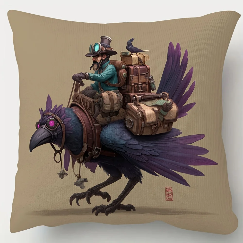 Steampunk Raven Courier Pillow Cover Adventurer on Giant Crow Art Print 18x18 Inch Square Fantasy Illustration Decor