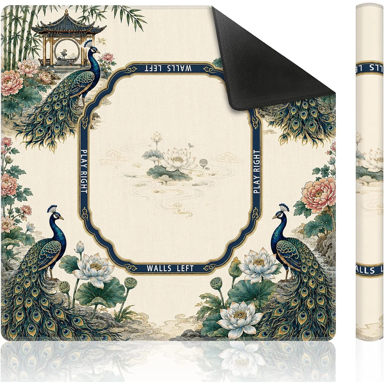 Chinoiserie Peacock Chinese Lotus Mahjong Mat 31.5 X 31.5 Inch Non Slip Noise Reduction for Poker Dominoes Board Games Gifts